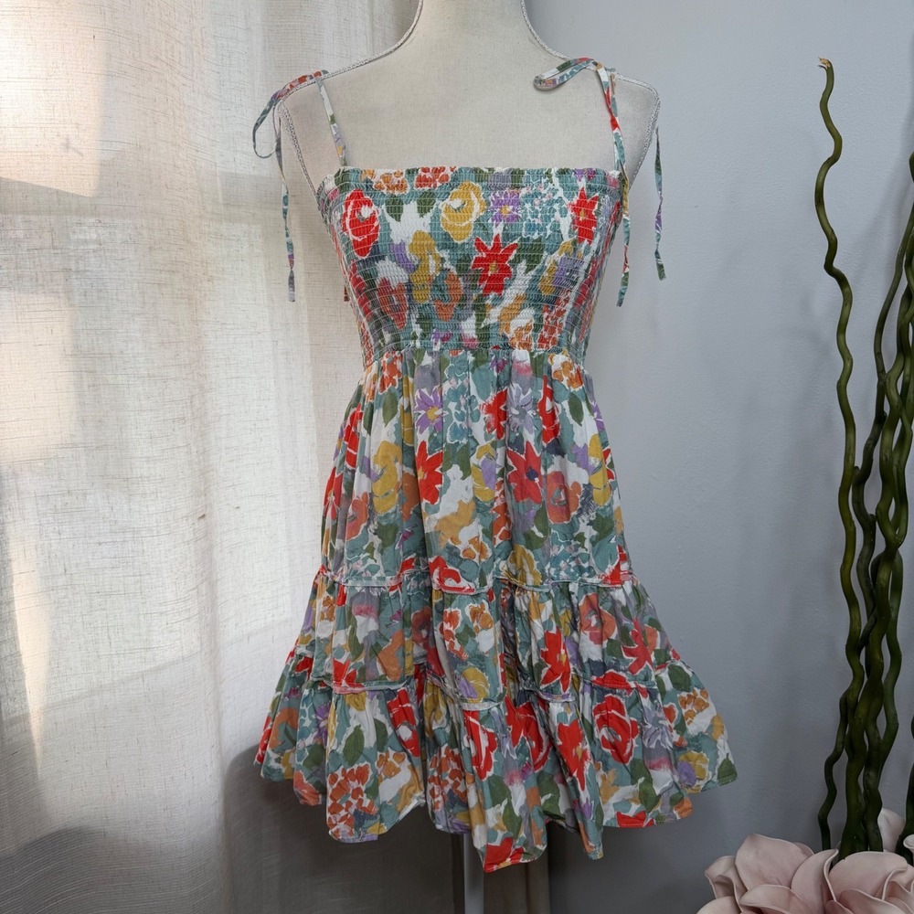 Rays for Days Emma Mini Dress Floral Smocked Tie Strap Tiered Revolve Women's XS